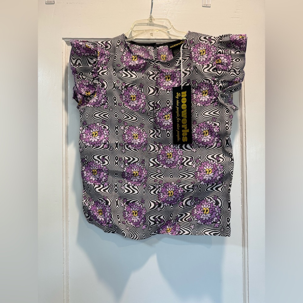 Nooworks NwT Ruffle Top XS HAZE Print Linen Never Worn